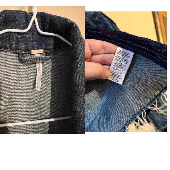 Free people Oversized Lace Paneled Denim Jacket Cropped Frayed Hem SZ Small Blue - Picture 13 of 15